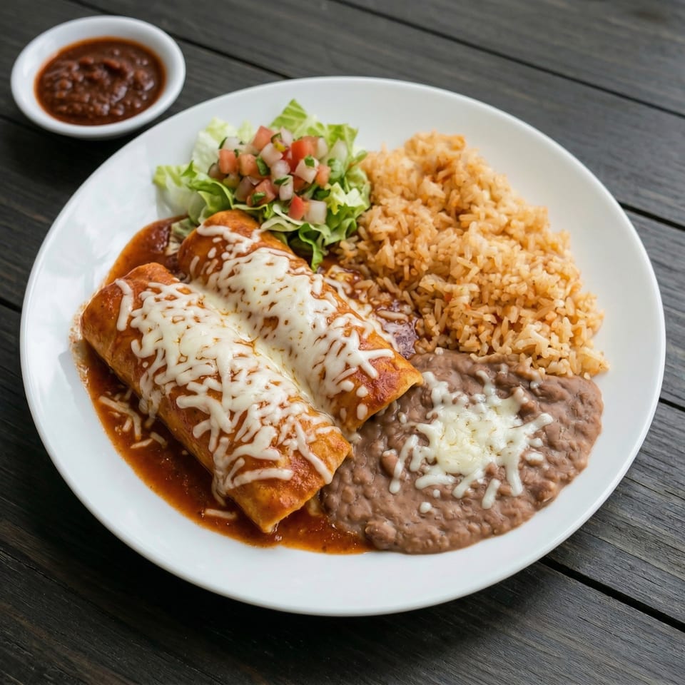 Two cheese enchiladas with red sauce, rice, refried beans, and a side salad on a white plate.