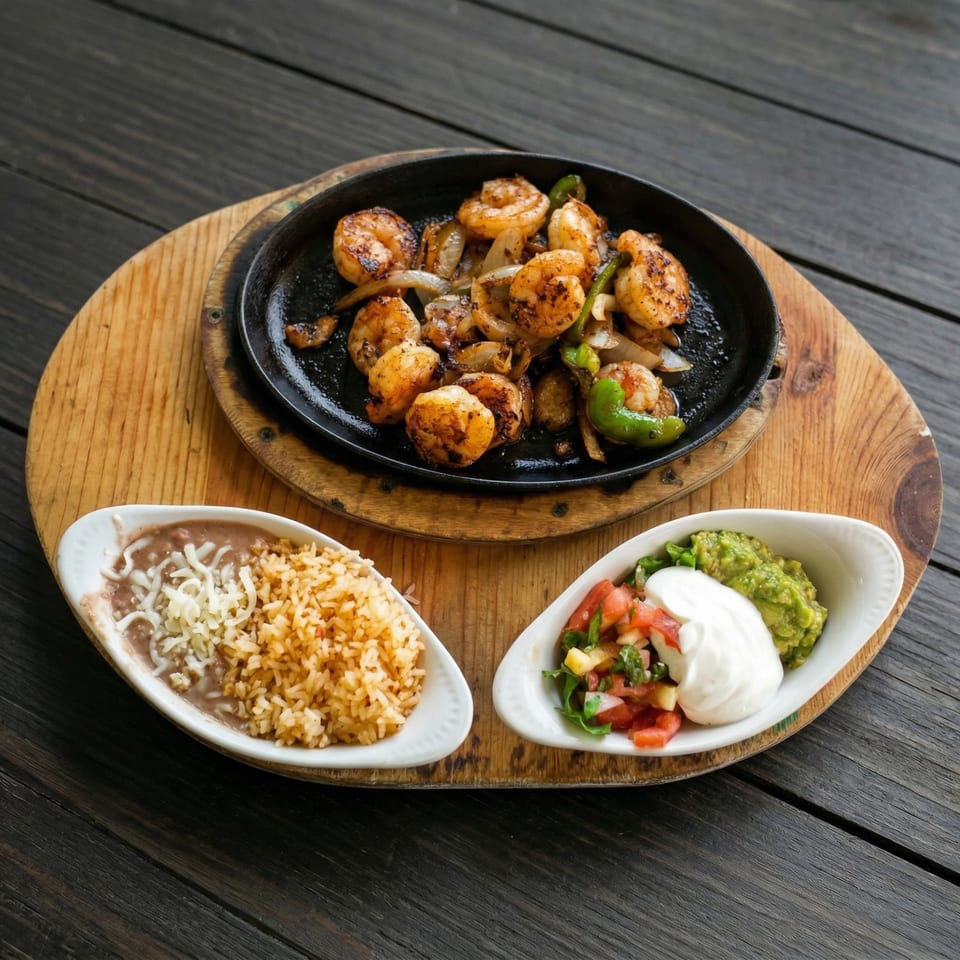 Sizzling shrimp fajitas with onions and peppers, served with rice, beans, guacamole, and sour cream.