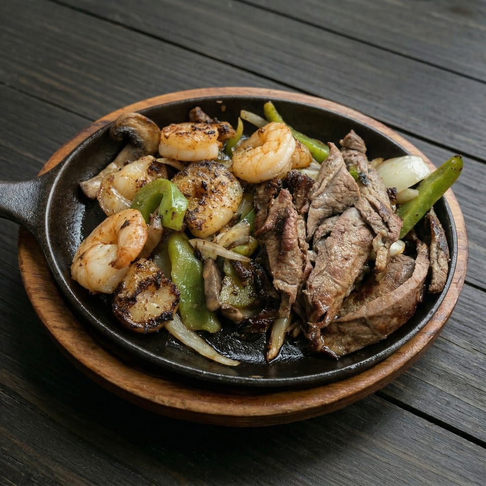 Sizzling fajitas with steak, shrimp, green peppers, and onions in a cast iron skillet.