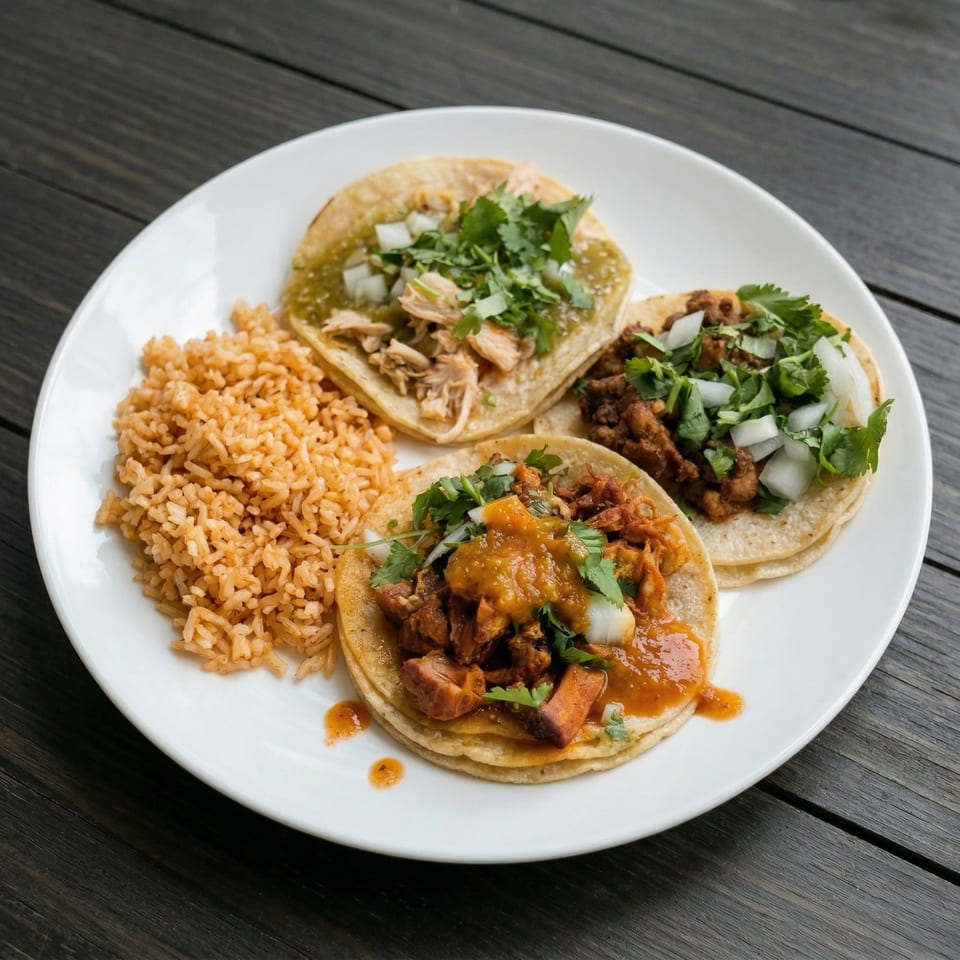 A white plate holds three tacos with various fillings and a side of Spanish rice.