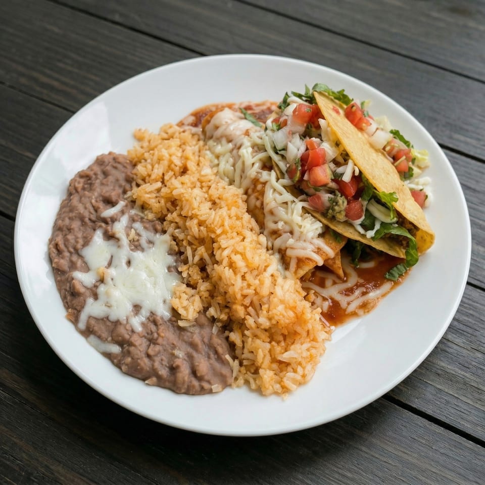 A white plate holds a taco, enchilada, refried beans with cheese, and Spanish rice.