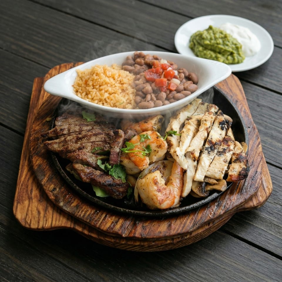 Sizzling fajitas with steak, chicken, and shrimp, served with rice, beans, guacamole, and sour cream.
